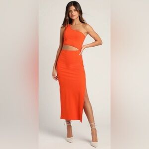 Lulu's Orange One-Shoulder Cut-Out Ribbed Midi Dress Size M
